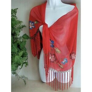 SHAWL BIKINI COVER UP FRINGE SHEER RED BEADS HAND PAINTED SCARF SURFACE VTG